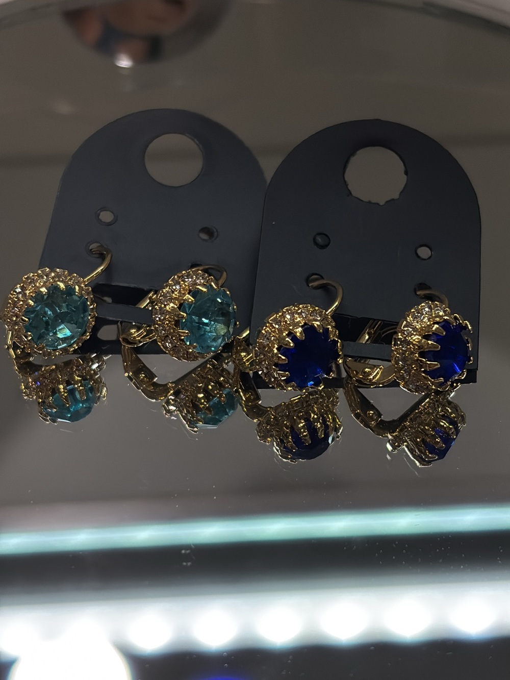 Gold-Tone Clip-On Earrings with Teal and Cobalt Crystals - Women Jewelry